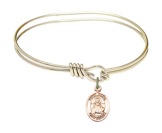 5 3/4 inch Oval Eye Hook Hamilton Gold Bangle Bracelet with a 14kt Gold Filled Saint Daria charm. Engraved Catholic Saint Jewelry