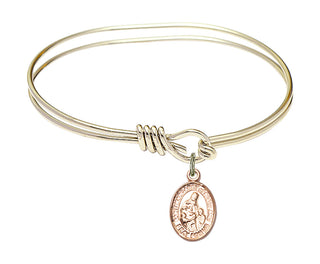 5 3/4 inch Oval Eye Hook Hamilton Gold Bangle Bracelet with a 14kt Gold Filled Saint Margaret of Scotland charm. Engraved Catholic Saint Jewelry