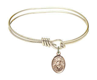 5 3/4 inch Oval Eye Hook Hamilton Gold Bangle Bracelet with a 14kt Gold Filled Sts. Peter & Paul charm. Engraved Catholic Saint Jewelry