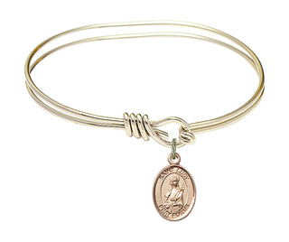 5 3/4 inch Oval Eye Hook Hamilton Gold Bangle Bracelet with a 14kt Gold Filled Saint Lucy charm. Engraved Catholic Saint Jewelry