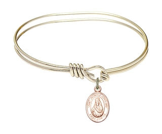 5 3/4 inch Oval Eye Hook Hamilton Gold Bangle Bracelet with a 14kt Gold Filled Saint Jadwiga of Poland charm. Engraved Catholic Saint Jewelry