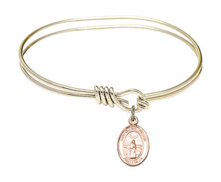 5 3/4 inch Oval Eye Hook Hamilton Gold Bangle Bracelet with a 14kt Gold Filled Saint Medard of Noyon charm. Engraved Catholic Saint Jewelry