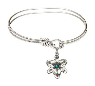 5 3/4 inch Oval Eye Hook Rhodium Bangle Bracelet with a Sterling Silver Chastity charm.