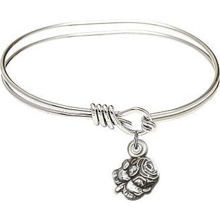 5 3/4 inch Oval Eye Hook Rhodium Bangle Bracelet with a Sterling Silver Rosebud charm.