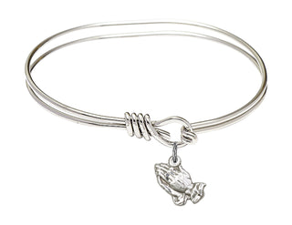 5 3/4 inch Oval Eye Hook Rhodium Bangle Bracelet with a Sterling Silver Praying Hands charm.
