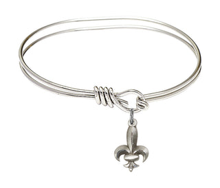 5 3/4 inch Oval Eye Hook Rhodium Bangle Bracelet with a Sterling Silver Fleur de Lis charm.