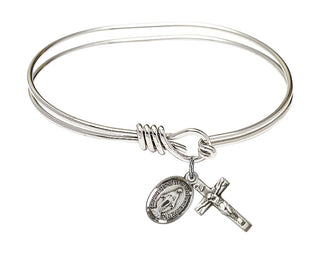 5 3/4 inch Oval Eye Hook Rhodium Bangle Bracelet with a Sterling Silver Miraculous charm.