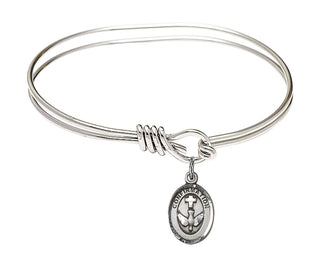 5 3/4 inch Oval Eye Hook Rhodium Bangle Bracelet with a Sterling Silver Confirmation charm.
