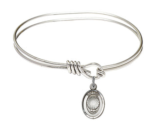 5 3/4 inch Oval Eye Hook Rhodium Bangle Bracelet with a Sterling Silver Baptism charm.