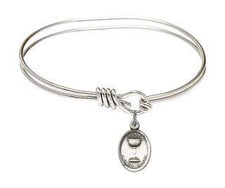 5 3/4 inch Oval Eye Hook Rhodium Bangle Bracelet with a Sterling Silver Holy Communion charm.