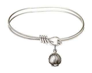 5 3/4 inch Oval Eye Hook Rhodium Bangle Bracelet with a Sterling Silver Shell charm.