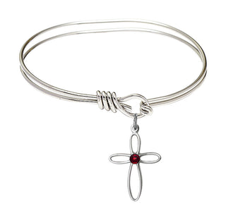 5 3/4 inch Oval Eye Hook Rhodium Bangle Bracelet with a Sterling Silver Loop Cross charm.