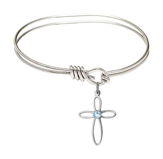 5 3/4 inch Oval Eye Hook Rhodium Bangle Bracelet with a Sterling Silver Loop Cross charm.