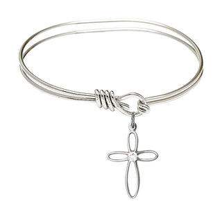 5 3/4 inch Oval Eye Hook Rhodium Bangle Bracelet with a Sterling Silver Loop Cross charm.