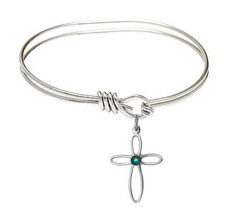 5 3/4 inch Oval Eye Hook Rhodium Bangle Bracelet with a Sterling Silver Loop Cross charm.