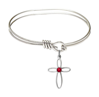 5 3/4 inch Oval Eye Hook Rhodium Bangle Bracelet with a Sterling Silver Loop Cross charm.