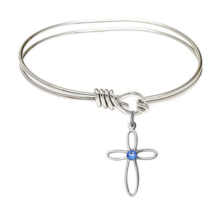 5 3/4 inch Oval Eye Hook Rhodium Bangle Bracelet with a Sterling Silver Loop Cross charm.