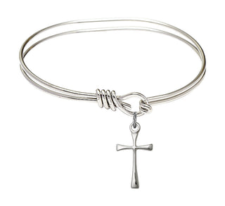 5 3/4 inch Oval Eye Hook Rhodium Bangle Bracelet with a Sterling Silver Maltese Cross charm.