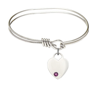 5 3/4 inch Oval Eye Hook Rhodium Bangle Bracelet with a Sterling Silver Heart charm. Engraved Catholic Saint Jewelry