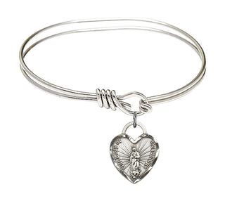 5 3/4 inch Oval Eye Hook Rhodium Bangle Bracelet with a Sterling Silver Our Lady of Guadalupe Heart charm.