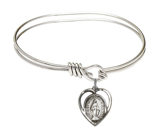 5 3/4 inch Oval Eye Hook Rhodium Bangle Bracelet with a Sterling Silver Miraculous charm.