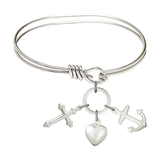 5 3/4 inch Oval Eye Hook Rhodium Bangle Bracelet with a Sterling Silver Anchor charm.