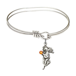5 3/4 inch Oval Eye Hook Rhodium Bangle Bracelet with a Sterling Silver Guardian Angel charm.