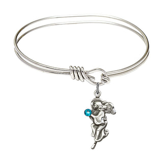 5 3/4 inch Oval Eye Hook Rhodium Bangle Bracelet with a Sterling Silver Guardian Angel charm.