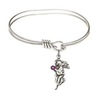 5 3/4 inch Oval Eye Hook Rhodium Bangle Bracelet with a Sterling Silver Guardian Angel charm.