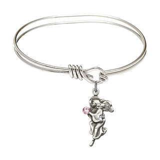5 3/4 inch Oval Eye Hook Rhodium Bangle Bracelet with a Sterling Silver Guardian Angel charm.
