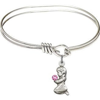 5 3/4 inch Oval Eye Hook Rhodium Bangle Bracelet with a Sterling Silver Praying Girl charm.