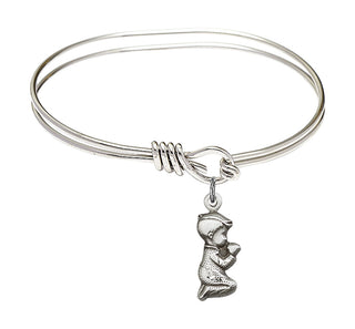 5 3/4 inch Oval Eye Hook Rhodium Bangle Bracelet with a Sterling Silver Praying Boy charm.