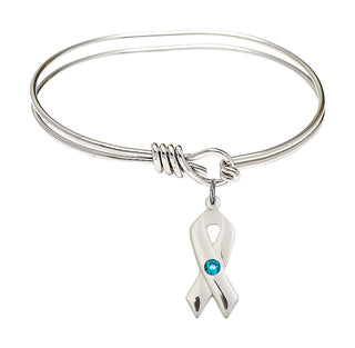 5 3/4 inch Oval Eye Hook Rhodium Bangle Bracelet with a Sterling Silver Cancer Awareness charm.