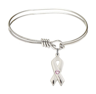 5 3/4 inch Oval Eye Hook Rhodium Bangle Bracelet with a Sterling Silver Cancer Awareness charm.