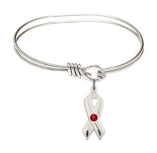 5 3/4 inch Oval Eye Hook Rhodium Bangle Bracelet with a Sterling Silver Cancer Awareness charm.