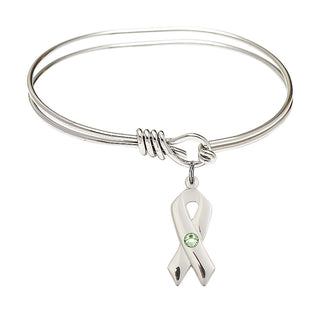 5 3/4 inch Oval Eye Hook Rhodium Bangle Bracelet with a Sterling Silver Cancer Awareness charm.