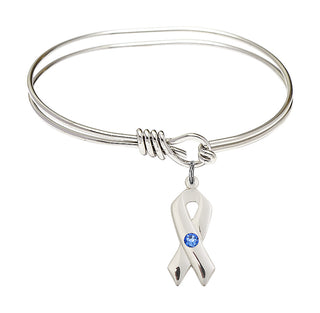 5 3/4 inch Oval Eye Hook Rhodium Bangle Bracelet with a Sterling Silver Cancer Awareness charm.