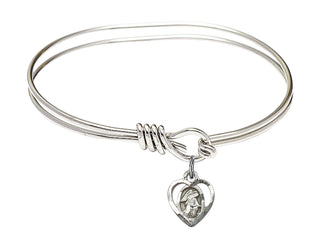 5 3/4 inch Oval Eye Hook Rhodium Bangle Bracelet with a Sterling Silver Guardian Angel charm. Engraved Catholic Saint Jewelry