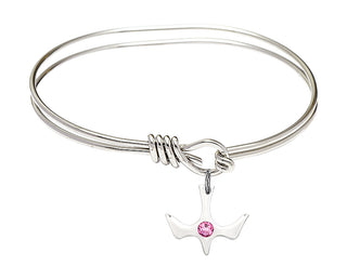 5 3/4 inch Oval Eye Hook Rhodium Bangle Bracelet with a Sterling Silver Holy Spirit charm.