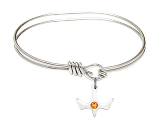 5 3/4 inch Oval Eye Hook Rhodium Bangle Bracelet with a Sterling Silver Holy Spirit charm.