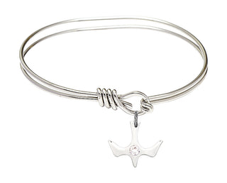 5 3/4 inch Oval Eye Hook Rhodium Bangle Bracelet with a Sterling Silver Holy Spirit charm.