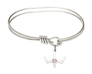 5 3/4 inch Oval Eye Hook Rhodium Bangle Bracelet with a Sterling Silver Holy Spirit charm.