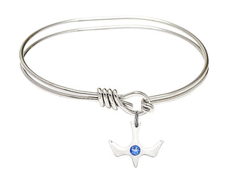 5 3/4 inch Oval Eye Hook Rhodium Bangle Bracelet with a Sterling Silver Holy Spirit charm.