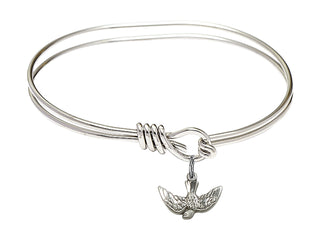 5 3/4 inch Oval Eye Hook Rhodium Bangle Bracelet with a Sterling Silver Holy Spirit charm.
