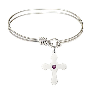 5 3/4 inch Oval Eye Hook Rhodium Bangle Bracelet with a Sterling Silver Cross charm.