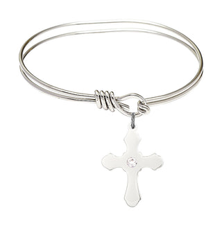 5 3/4 inch Oval Eye Hook Rhodium Bangle Bracelet with a Sterling Silver Cross charm.