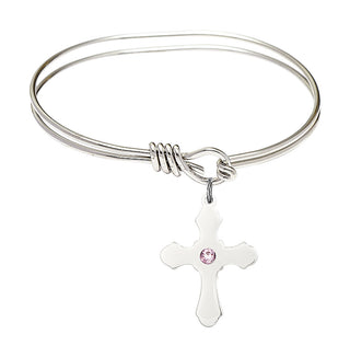 5 3/4 inch Oval Eye Hook Rhodium Bangle Bracelet with a Sterling Silver Cross charm.