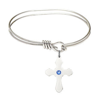 5 3/4 inch Oval Eye Hook Rhodium Bangle Bracelet with a Sterling Silver Cross charm.
