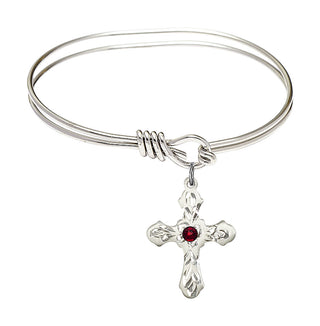 5 3/4 inch Oval Eye Hook Rhodium Bangle Bracelet with a Sterling Silver Cross charm. Engraved Catholic Saint Jewelry