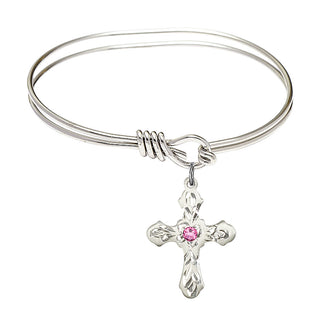 5 3/4 inch Oval Eye Hook Rhodium Bangle Bracelet with a Sterling Silver Cross charm. Engraved Catholic Saint Jewelry